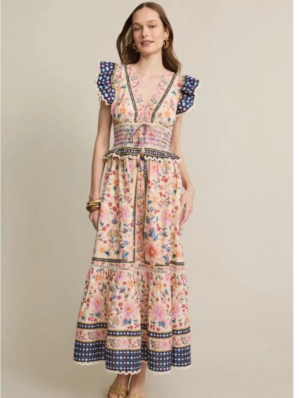 Pink Floral Maxi Dress with Navy Contrast Trim